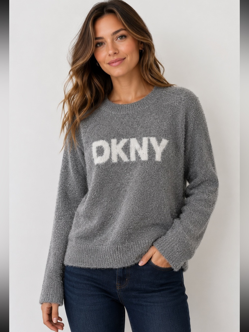 DKNY Jeans Fuzzy Eyelash Knit Logo Sweater – Size Large